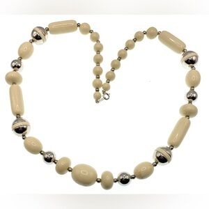 Vintage Signed Trifari Silver Tone Acrylic Cream Colored Beaded Necklace